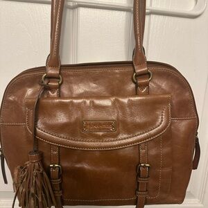 Brown Leather Shoulder Bag with Tassel and Metal Hardware